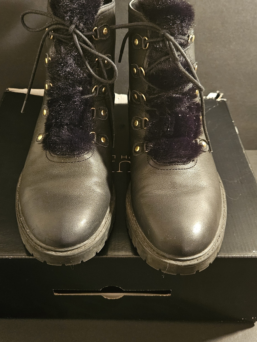 Ralph Lauren Black Lace-Up Faux Fur Combat Boots with Gold Hardware
